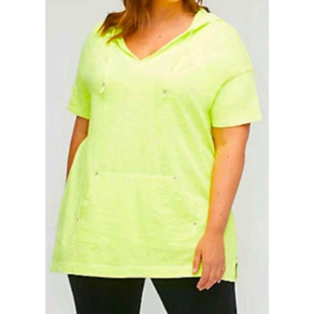 Catherines Women 0X 14 16 Pullover Hoodie Neon Yellow Pocket Stretch V Neck NEW